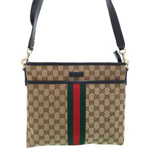 Gucci GG Monogram Brown Web Flat Messenger Bag red green web